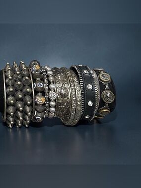 Signature Faith Curated Chunky Silver Statement Bracelet Stack Black